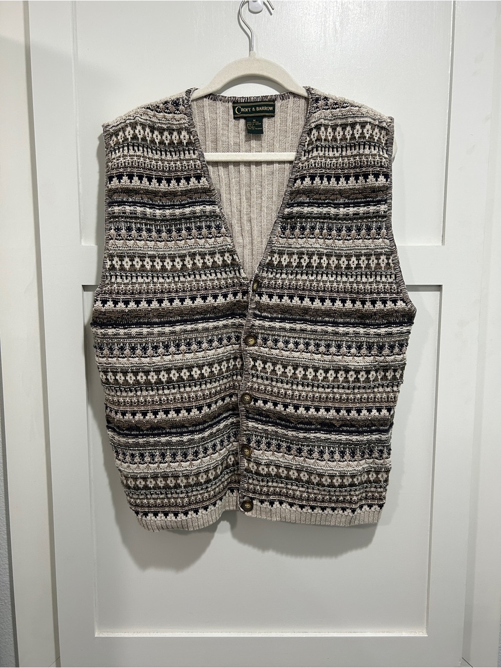 Vintage Croft & Barrow 100% Cotton Button Front Sweater Vest Medium Fair Isle